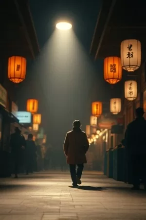 《长夜将尽的码头》竖版海报，暴雨夜里独自站在集装箱码头的男人